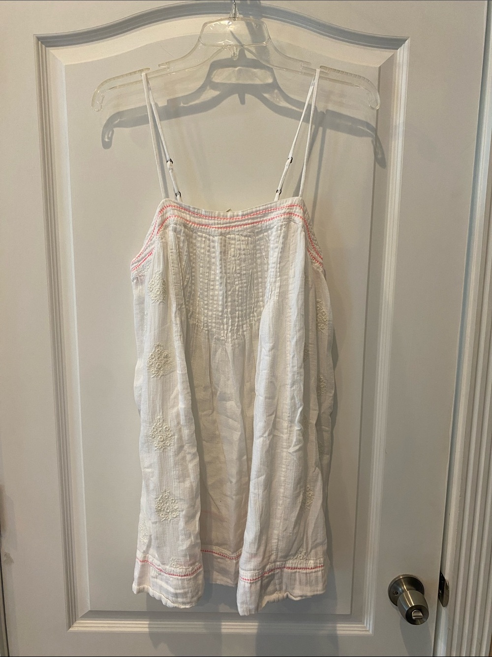 White Embroidered Mini Sundress with Pink Trim
